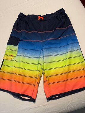 wonder nation Boys Gradient Stripe Swim Trunks in Navy, Blue, Lime & Orange